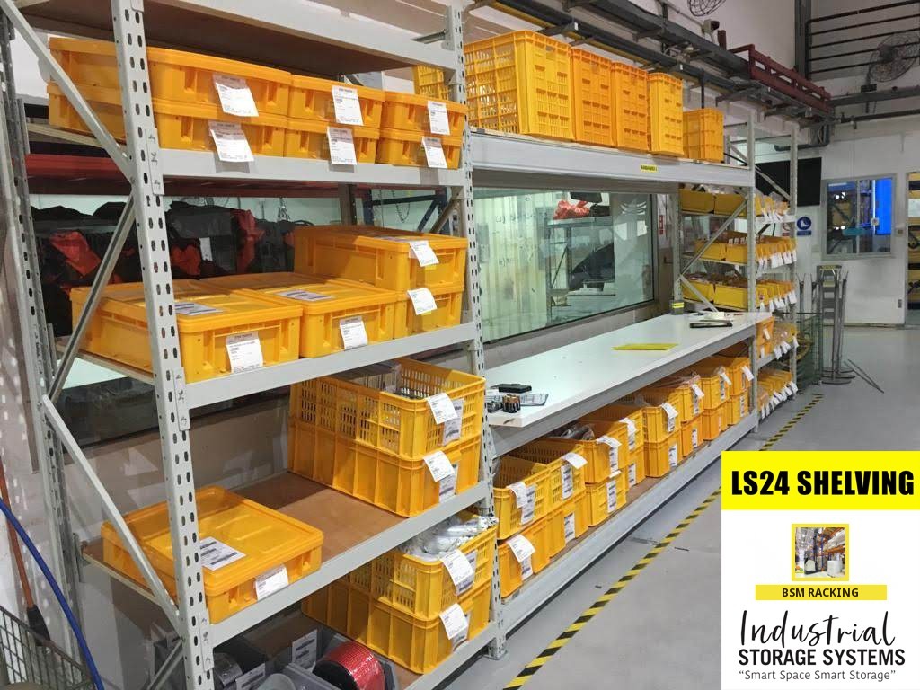 Longspan shelving with parts bins for an SME workshop