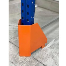 Orange column guard protecting a pallet rack upright