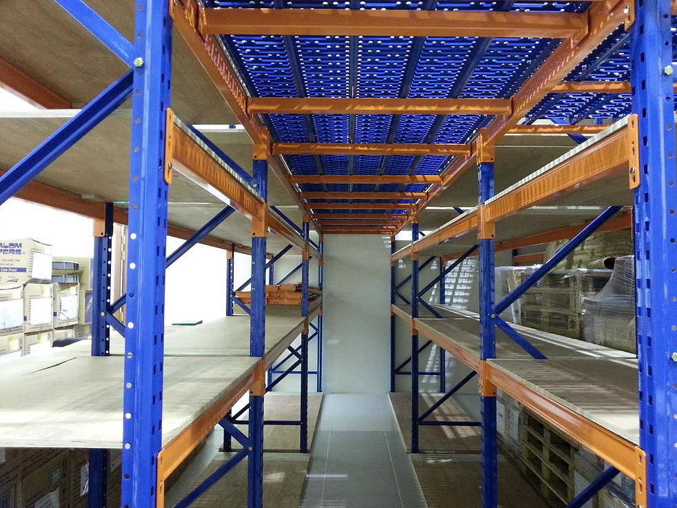 Two-level steel rack system with walkway decking