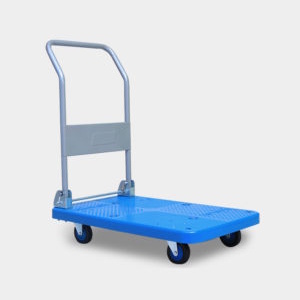 Blue hand push trolley with a foldable steel handle