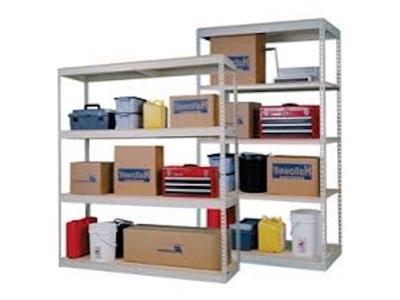 DIY steel shelving unit loaded with tools and boxes